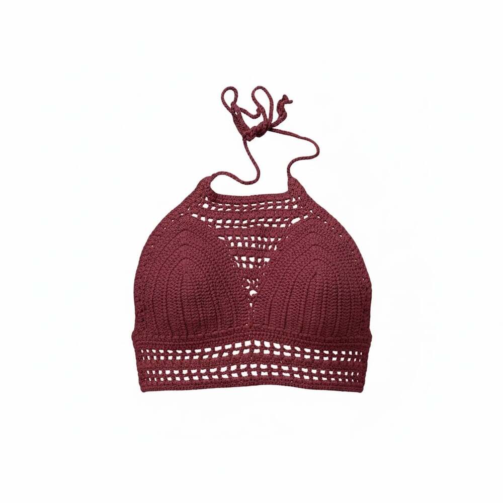 Charlotte Russe Burgundy 100% Cotton Crochet Halter Bralette Top